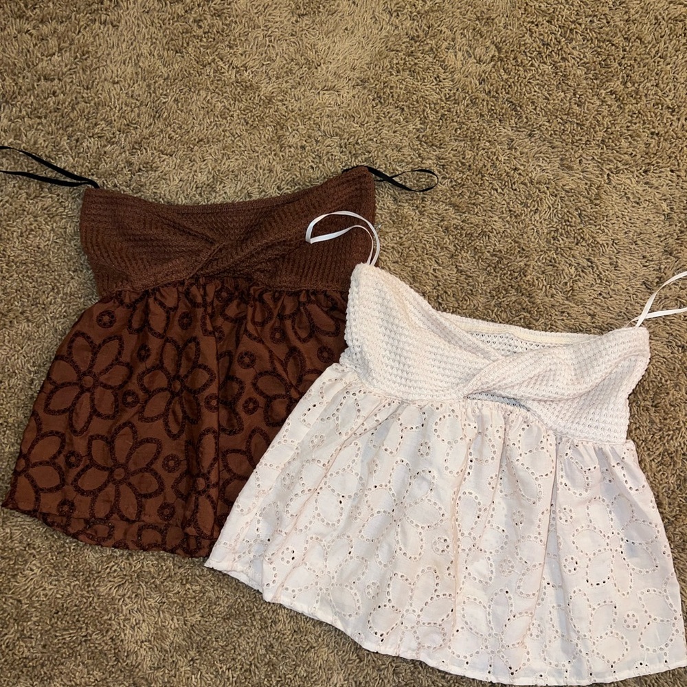 SET 2x Brown and White Floral Lace Camisoles